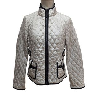 Ann Taylor Women's S Quilted Jacket Zip Up Ivory with Black Trim